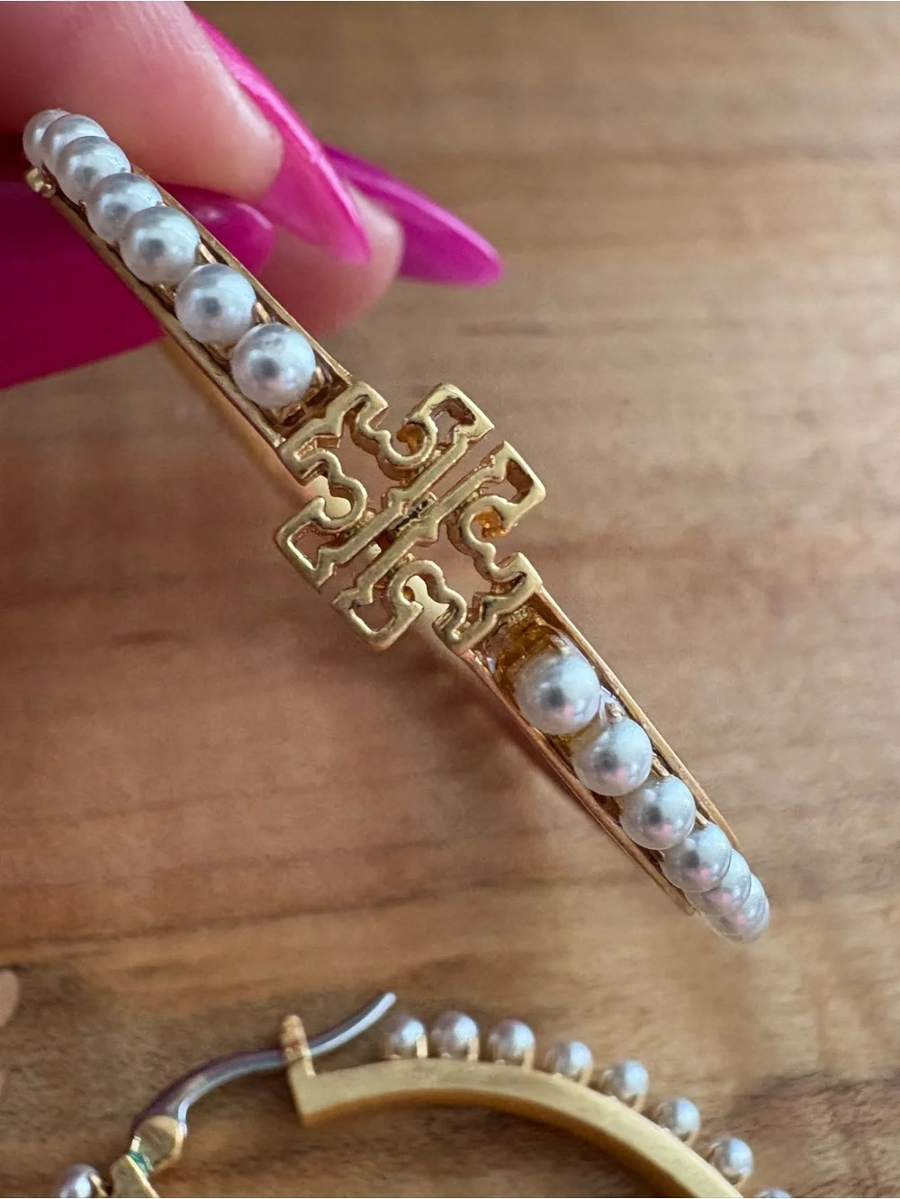 Tory Burch 2” Gold Logo Hoop Earrings with Pearl Bead Accents
